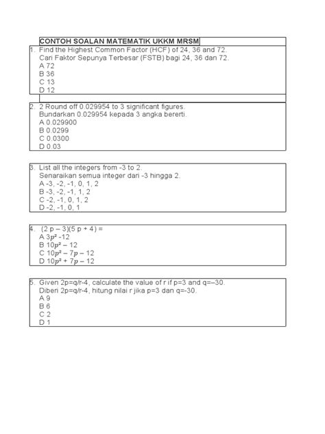 Contoh Soalan Matematik Ukkm Tingkatan 1 Image